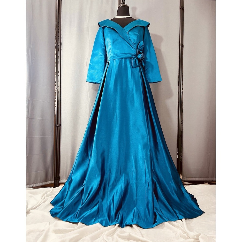 Stunning Formal Gown Deep Lake Blue Satin Sz L Corset Prom Elegant Pockets #J